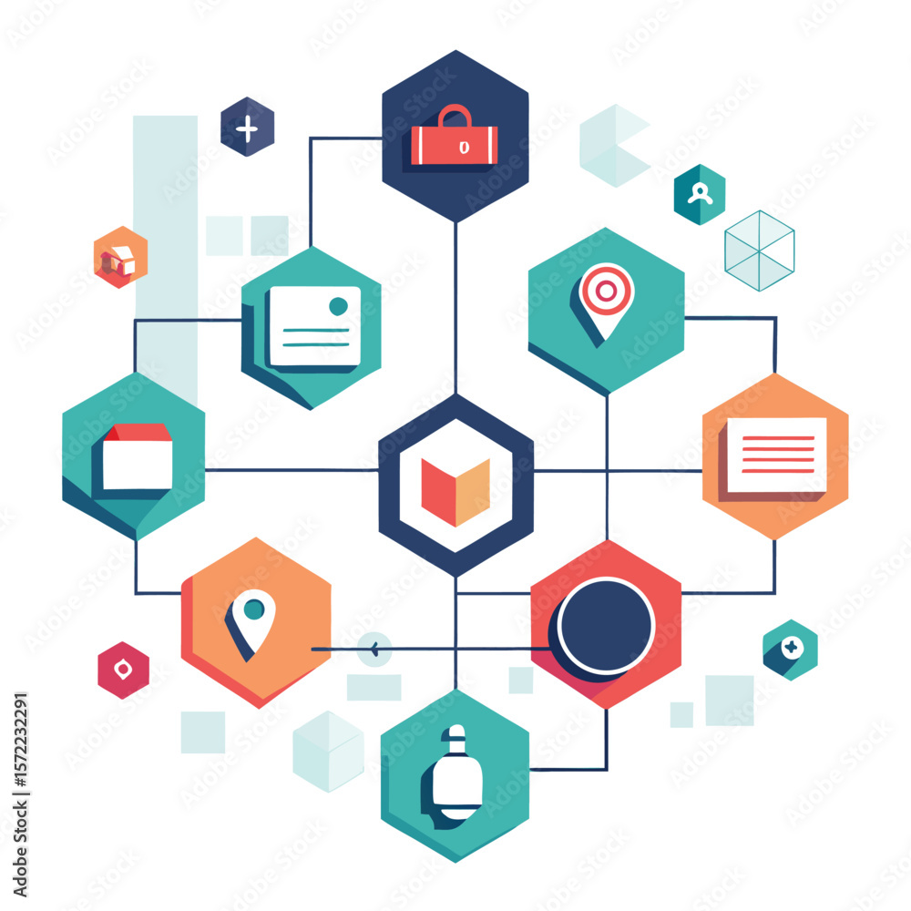 Poster abstract infographic with hexagon shapes and icons representing data and information in a modern des