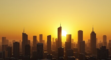Skyline with tall buildings at sunset creating atmospheric urban landscape
