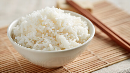 Bowl of White Rice with Chopsticks on Bamboo Mat Food