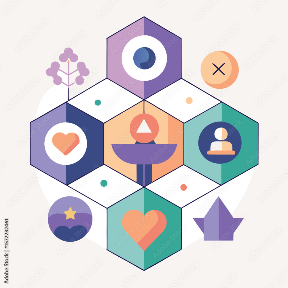 Poster abstract vector composition of interconnected hexagonal shapes featuring icons such as hearts, a cro
