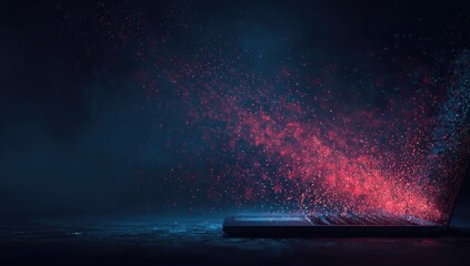 Open laptop emitting glowing particles