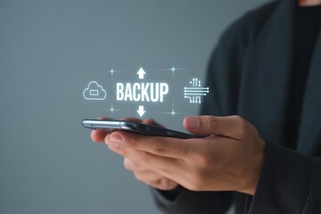 Person holding smartphone with cloud backup data transfer technology icons mobile phone