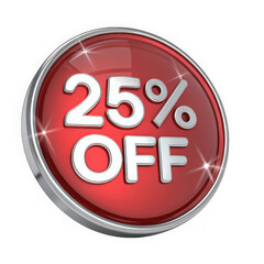 Shiny red 25 percent off discount button with silver trim isolated on transparent background