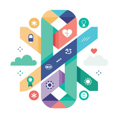Colorful abstract vector design featuring geometric shapes and various iconographic elements with a clean aesthetic
