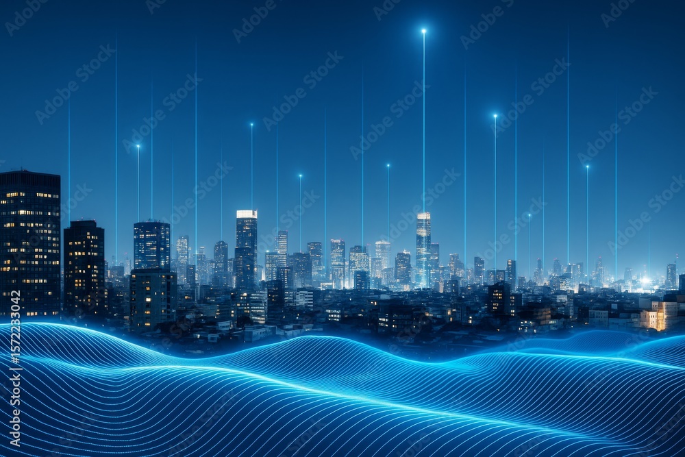 Aufkleber futuristic city skyline at night with glowing data lines and digital waves in foreground under a cle