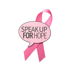 Pink Breast Cancer Awareness Ribbon with Speak Up for Hope Speech Bubble Graphic Design