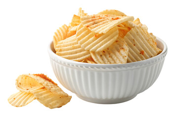 Ridged potato chips seasoned with paprika in a white ceramic bowl ridged chips snack