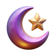 3d rendering of a golden star next to a purple crescent moon isolated on transparent background