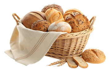 Wicker basket filled with assorted baked goods and bread assortment rolls