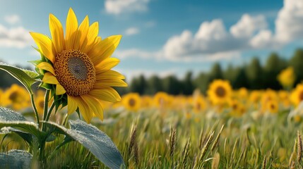 Blooming sunflowers in a countryside meadow under a bright blue sky with golden leaves reflecting the sunlight.