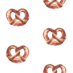 Pretzel seamless pattern. German bretzel ornament. Watercolor hand painted baked food without salt. Bavaria Oktoberfest traditional snack for fabric, tablecloth. Isolated from background illustration.