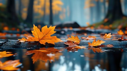 Quiet stream in the forest with floating autumn leaves, bright colors mirrored in the still water, surrounded by trees.