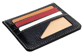 Black leather card holder with colorful cards and clear window credit cards business cards