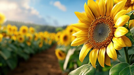 Sunlit rural plantation with swaying sunflowers, colorful petals shining in the summer outdoors under a clear horizon.