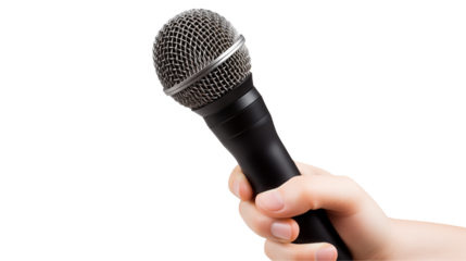 Human hand holding black microphone  isolated on transparent background