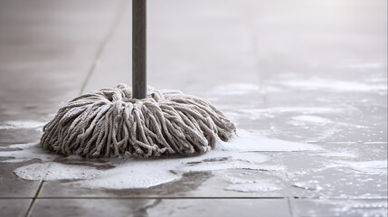 Cleaning Tile Floor CloseUp of Wet String Mop and Soapy Water