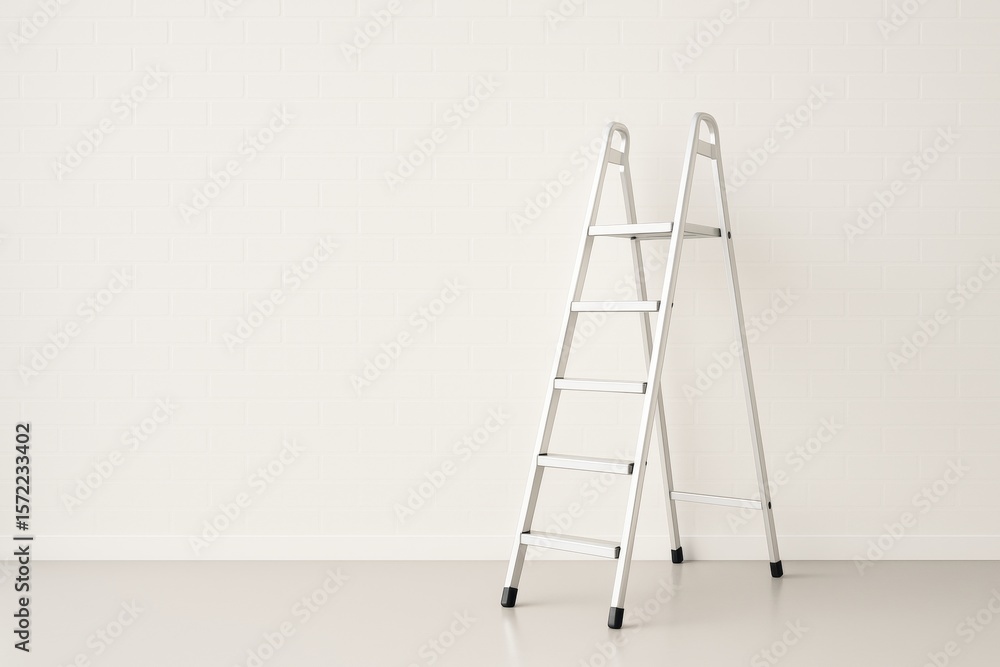 Aufkleber minimalistic silver stepladder standing in modern empty room with white brick wall and smooth floor,