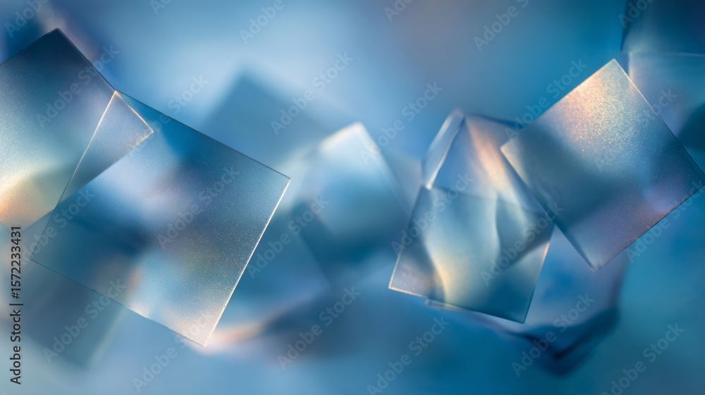 Poster translucent square layers softly focus on a vibrant blue and silver gradient,creating abstract art.