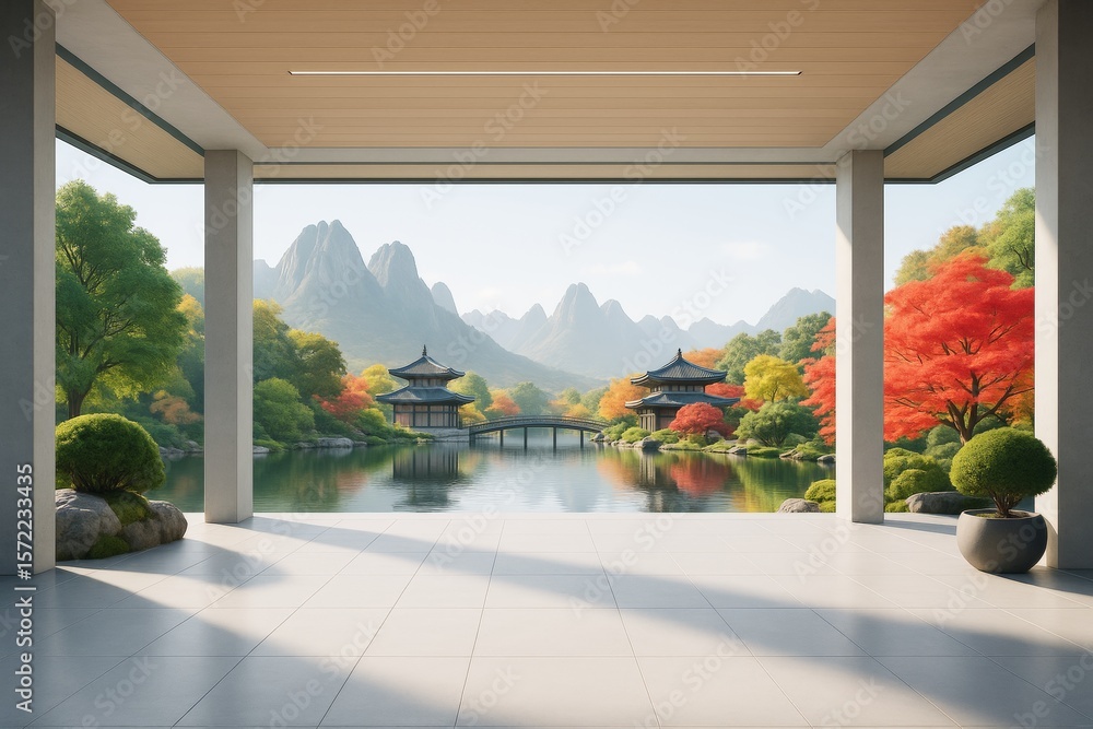 Aufkleber modern interior space with open view of traditional asian architecture, serene lake, lush trees, and
