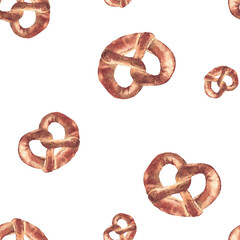 Watercolor Pretzel seamless pattern. German traditional bretzel ornament. Realistic hand drawn baking food. Bavaria Oktoberfest snack for packaging, label design. Isolated from background illustration