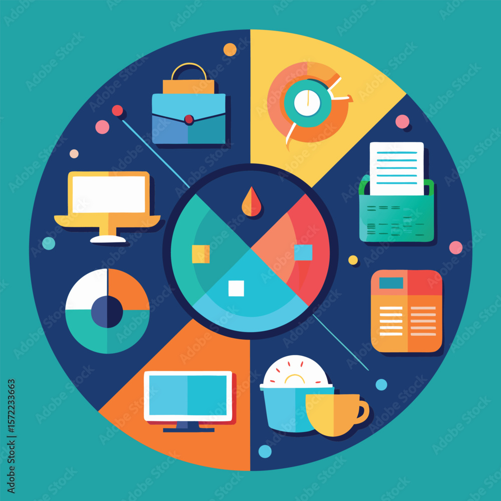 Poster colorful vector illustration representing business and office elements within a circular infographic