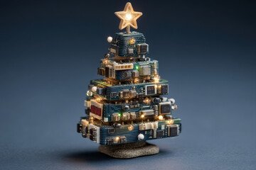 Creative christmas tree made of circuit boards and lights with glowing star on dark blue background