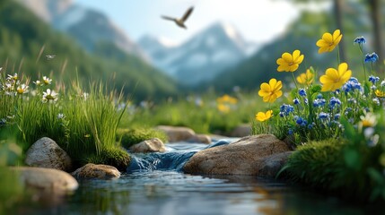 Rapid creek winding through a serene canyon with tranquil pools and wildflowers along the banks.