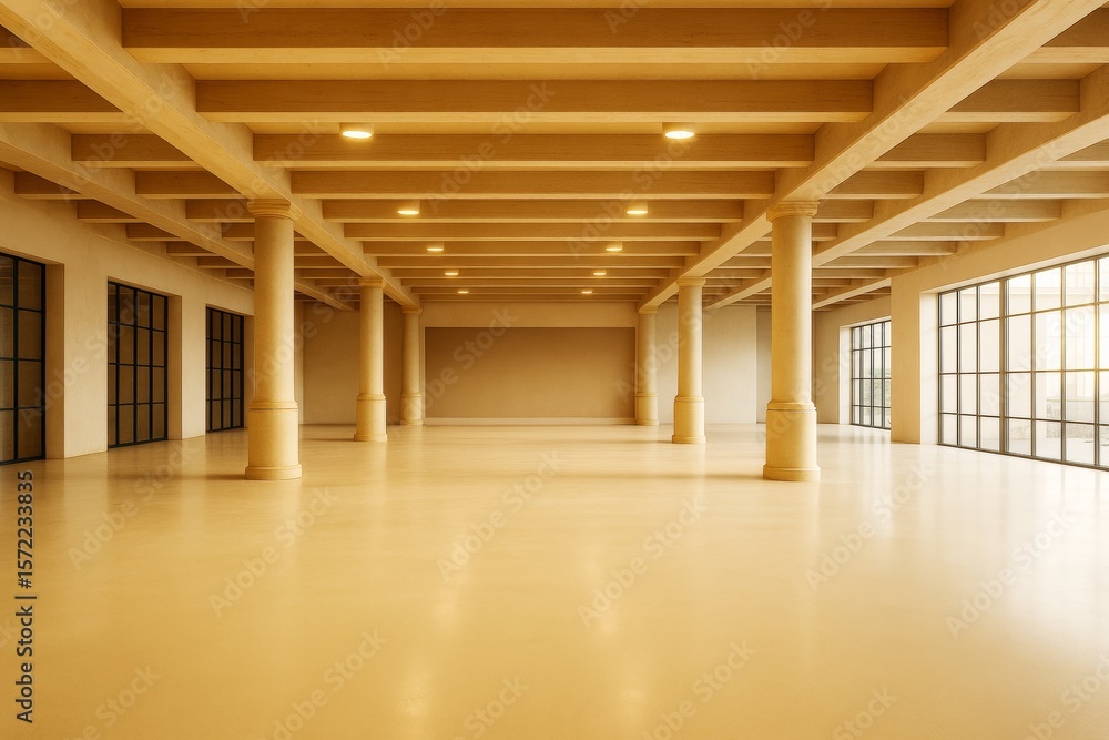 Aufkleber modern empty interior hall with natural light, columns, and large windows in warm tones for branding