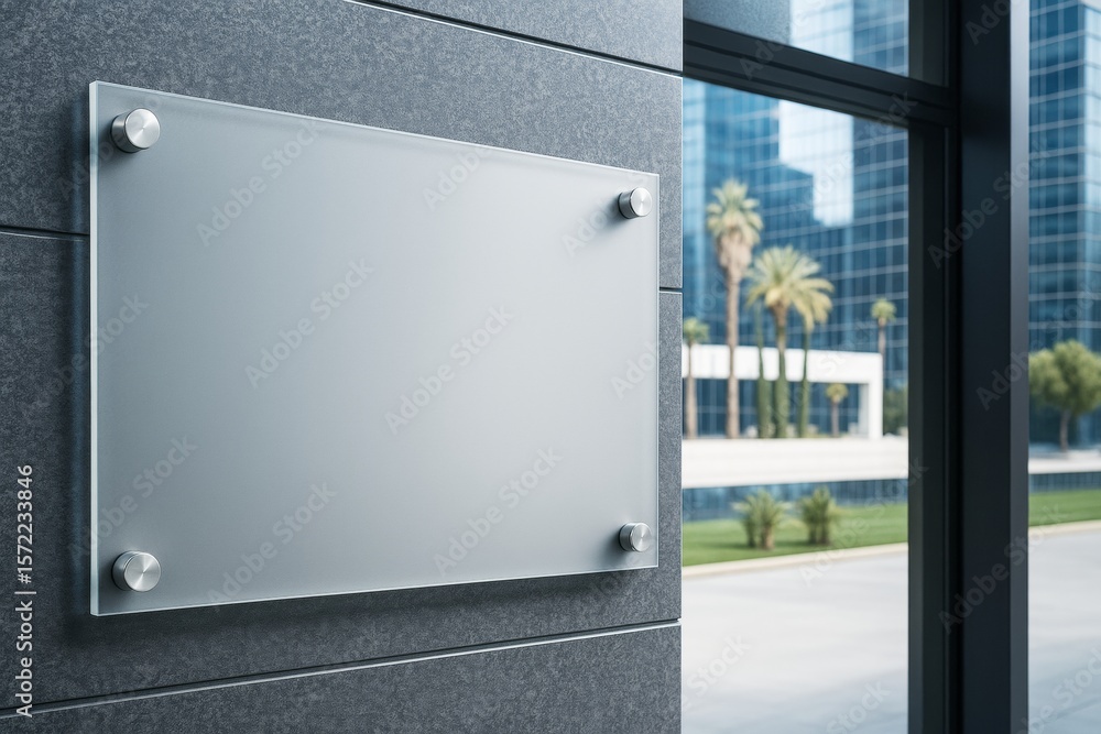 Poster blank frosted glass sign mounted on modern interior wall in office building with large windows and u