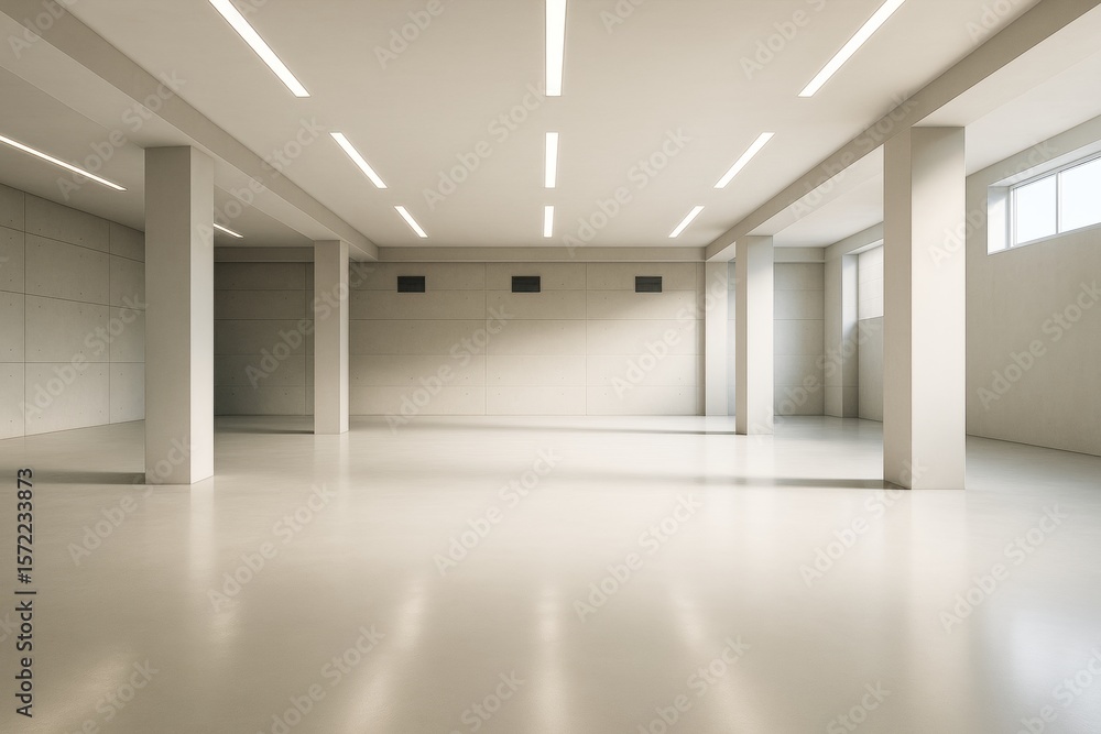 Aufkleber modern empty interior space with concrete walls, large pillars, and bright ceiling lights in minimal