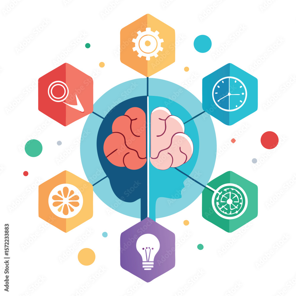 Poster conceptual illustration representing brain activity processes creativity intelligence and time manag