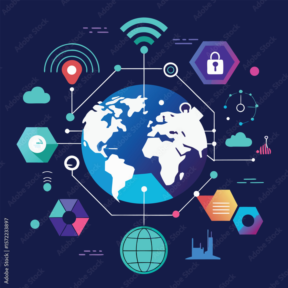 Poster conceptual illustration representing global network connectivity security and communication with var