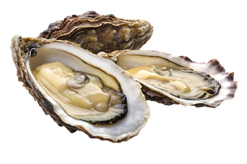 Opened oysters with creamy flesh and rough shells seafood shellfish