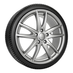 Obraz premium Shiny silver alloy car wheel with black tire isolated on transparent background
