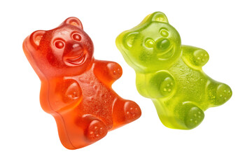 Two translucent gummy bears red and green candy sweet