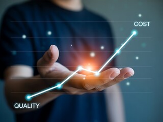 Person holding upward trending graph showing cost and quality business finance
