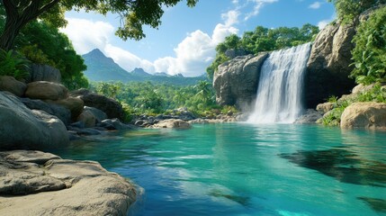 Crystal-clear waterfall flowing over rocks into a sunlit pool, surrounded by vibrant greenery, with sunlight streaming through trees along the waterfall.
