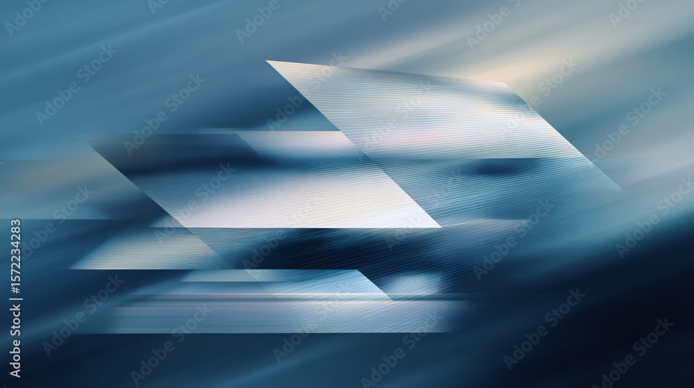 Poster abstract composition featuring layered geometric shapes in a dynamic blue and silver color gradient.
