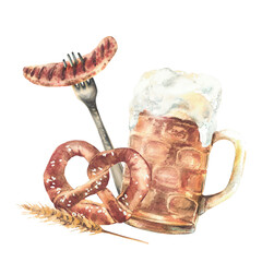 Watercolor Mug of Beer with pretzel and sausage on fork. Drink and food at Bavarian festival. Hand drawn illustration. Germany traditional eat for card, menu, sticker isolated from background clipart.