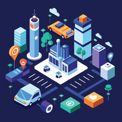 Obraz premium Isometric illustration depicting a modern city with buildings vehicles location pins and design elements against a vibrant blue background