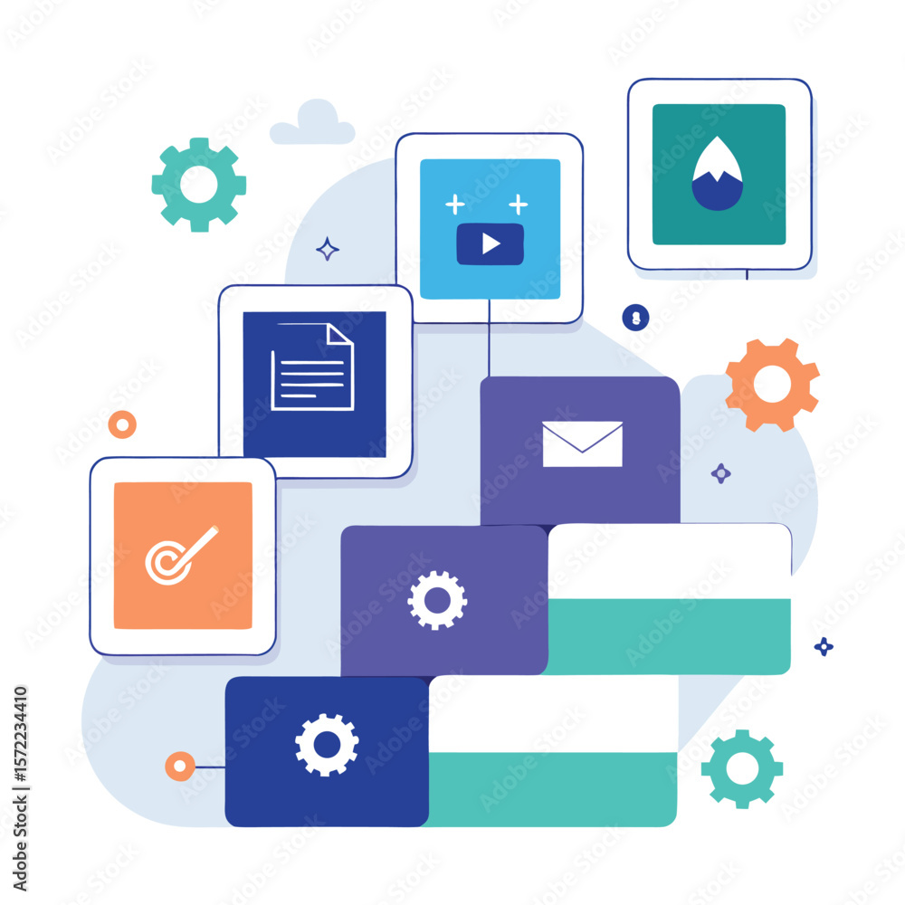 Poster modern illustration depicting a digital workflow process with various icons suggesting diverse opera