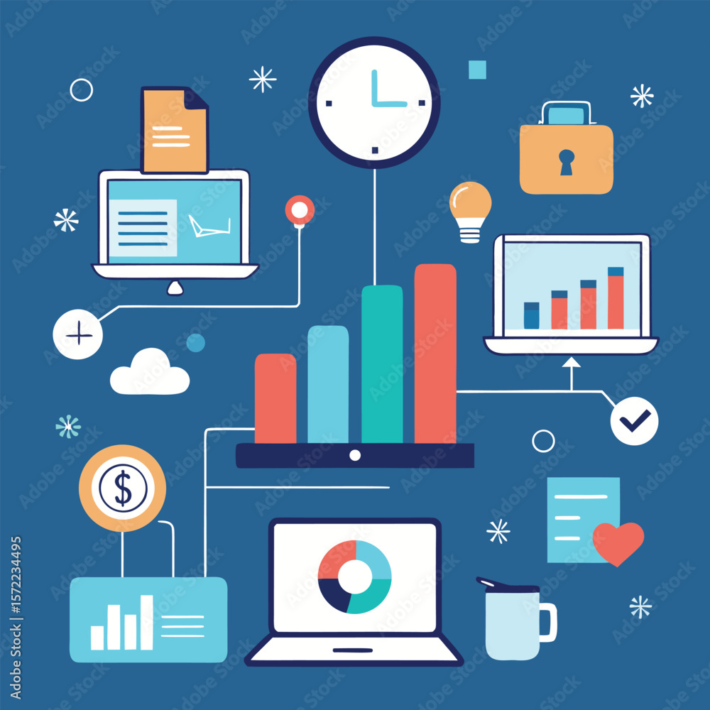 Poster modern illustration of financial concepts depicting business growth and data analysis with computers