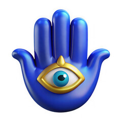 Blue hamsa hand with eye symbol and gold border isolated on transparent background