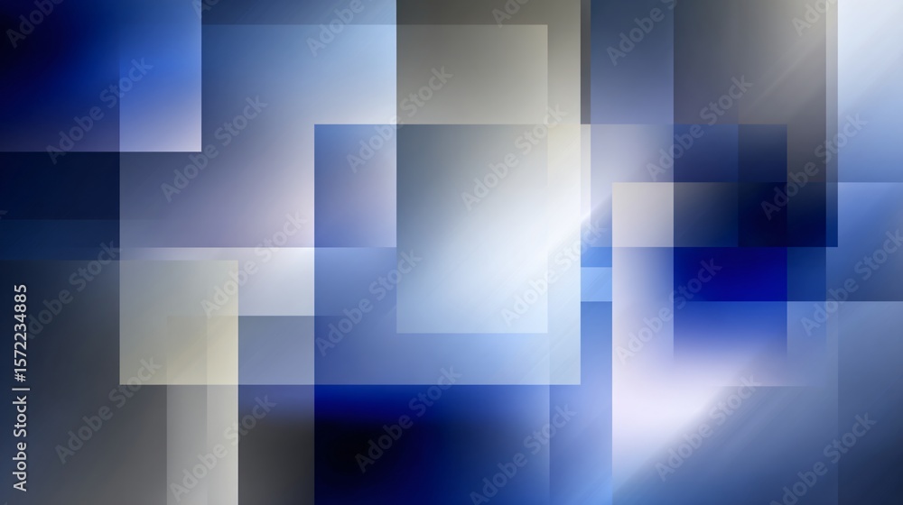 Poster overlapping translucent squares create a modern gradient in cobalt blue and silvery gray hues.