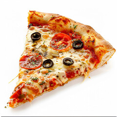 Delicious slice of pizza, featuring melted cheese and tomato sauce on a golden crust, isolated on a white background. AI generated