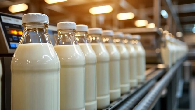 Fresh milk bottles moving on automated conveyor belt in modern dairy production plant