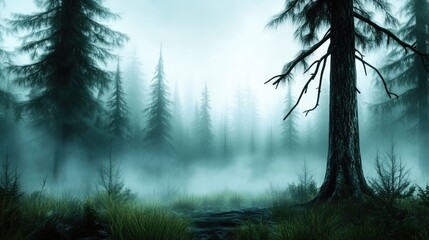 Woodland view with trunks of fir trees winding through mist in a quiet and eerie atmosphere.