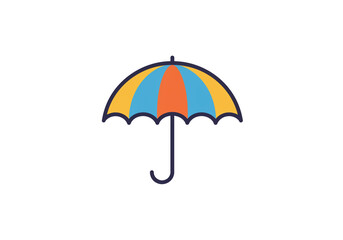 A colorful umbrella with yellow blue and orange panels isolated on a white plain background view