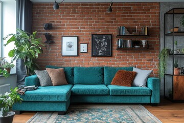 Modern interior design of a Scandinavian apartment, featuring a turquoise corner sofa against a brick wall, enhancing the living rooms contemporary style, Generative AI