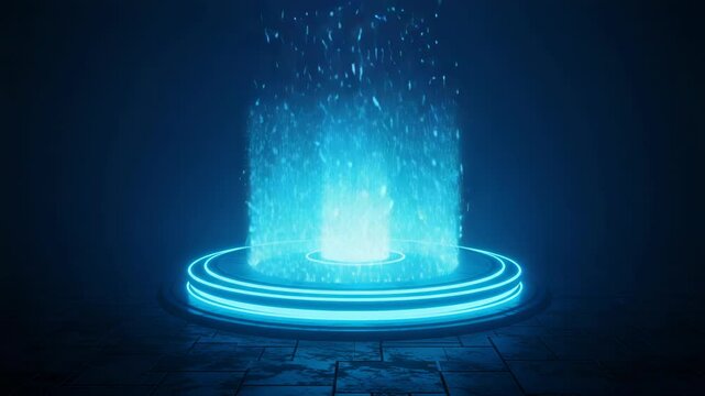 A futuristic neon blue portal emits sparks of energy, creating a scifi teleport effect